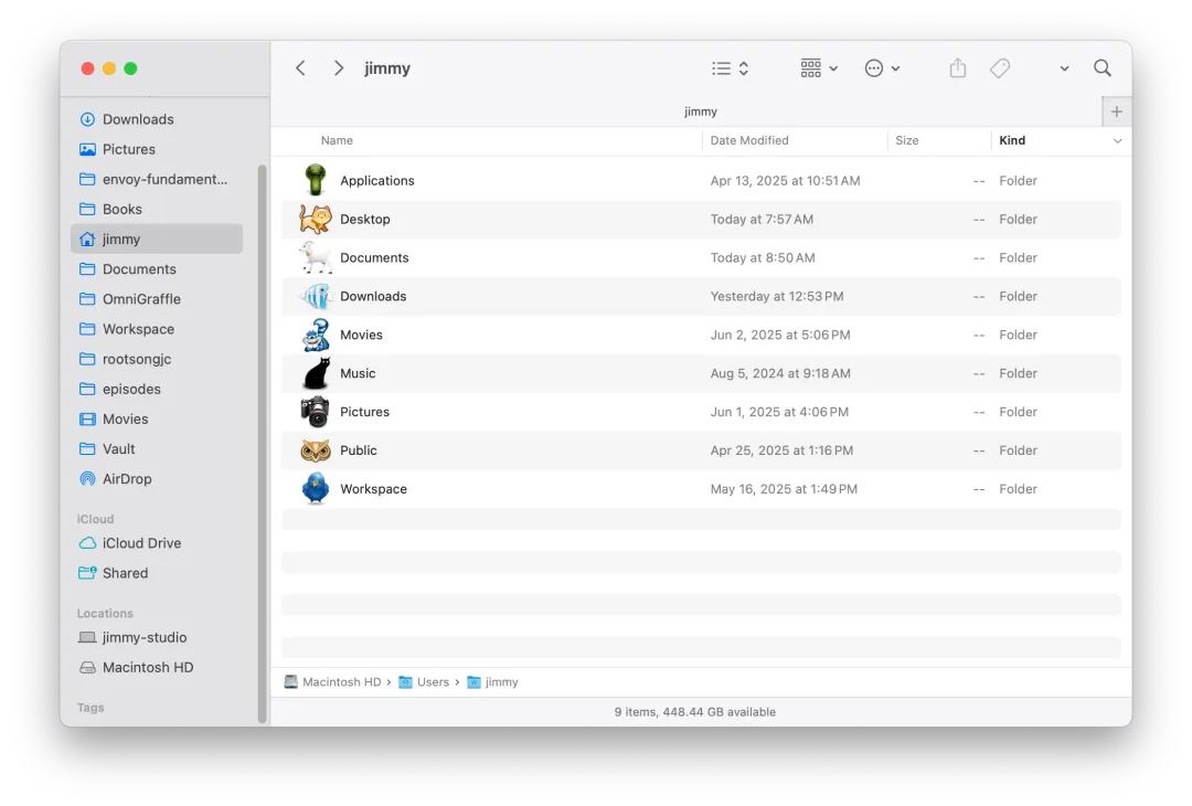macOS Finder 窗口：列表视图、侧边栏、路径栏、状态栏一应俱全