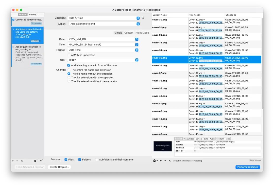 A Better Finder Rename 12：Actions 面板、Configuration 面板、File List 展示 20 个 cover-NN.png 文件即将改名