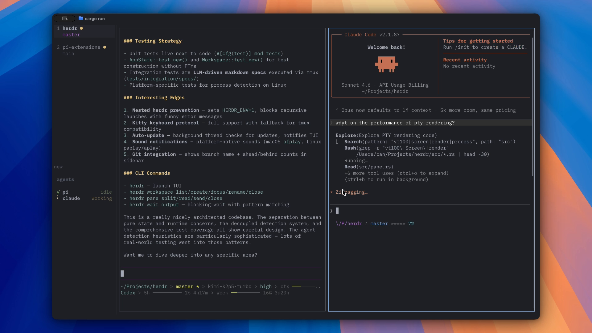 herdr 实机截图:左侧工作区导航 + 智能体状态(pi idle / claude working),中间 Claude Code 窗格输出报告,右上 Codex 窗格也是 Claude Code