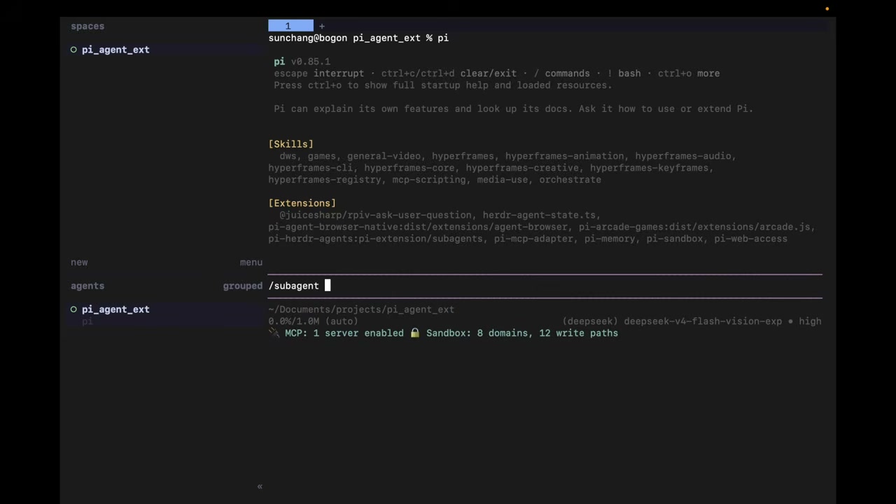 Herdr 中 Pi-Herdr-Agents 调度 Scout 子智能体的 pane 视图