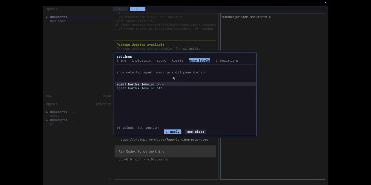 Settings 里 Pane labels 选项，可以开关智能体边框标签