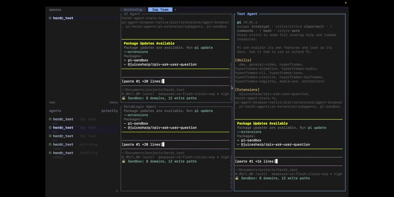 Tab 2 内三个 Pane 同时 running：UI 在写表单、Logic 在写 data 模型、Test 在写测试用例