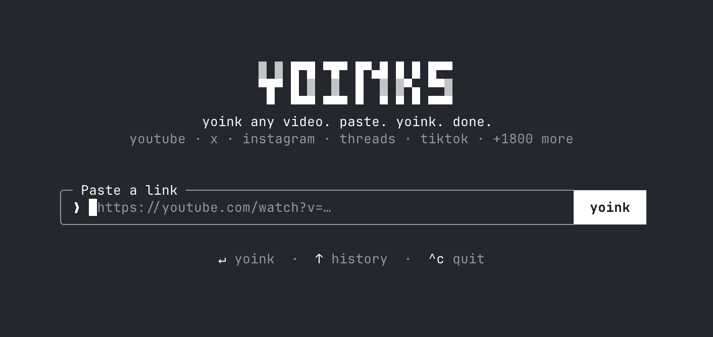 yoinks 主界面——Paste a link、yoink 按钮、品牌区 yoinks 主界面:粘贴链接、回车下载