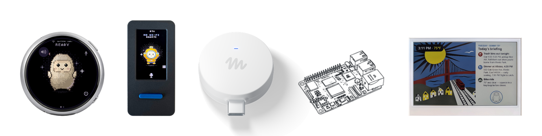 Muse Gadgets 设备全家福：Waveshare 圆形 AMOLED、M5Stack StickS3、Muse Home Link、树莓派与 Seeed reTerminal 墨水屏
