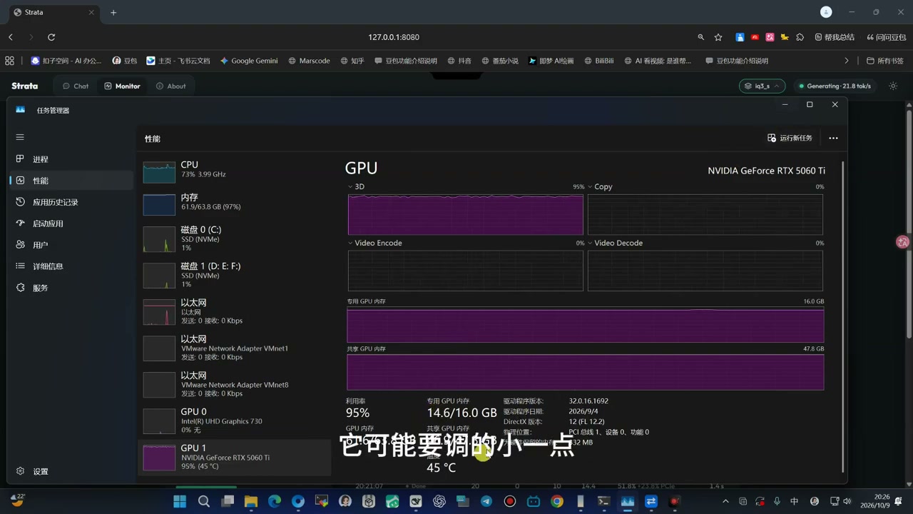 任务管理器 GPU 视图:RTX 5060 Ti 显存贴着 14.6/16 GB