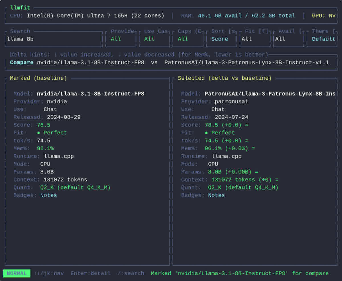 llmfit 按 llama 8b 搜索后过滤结果